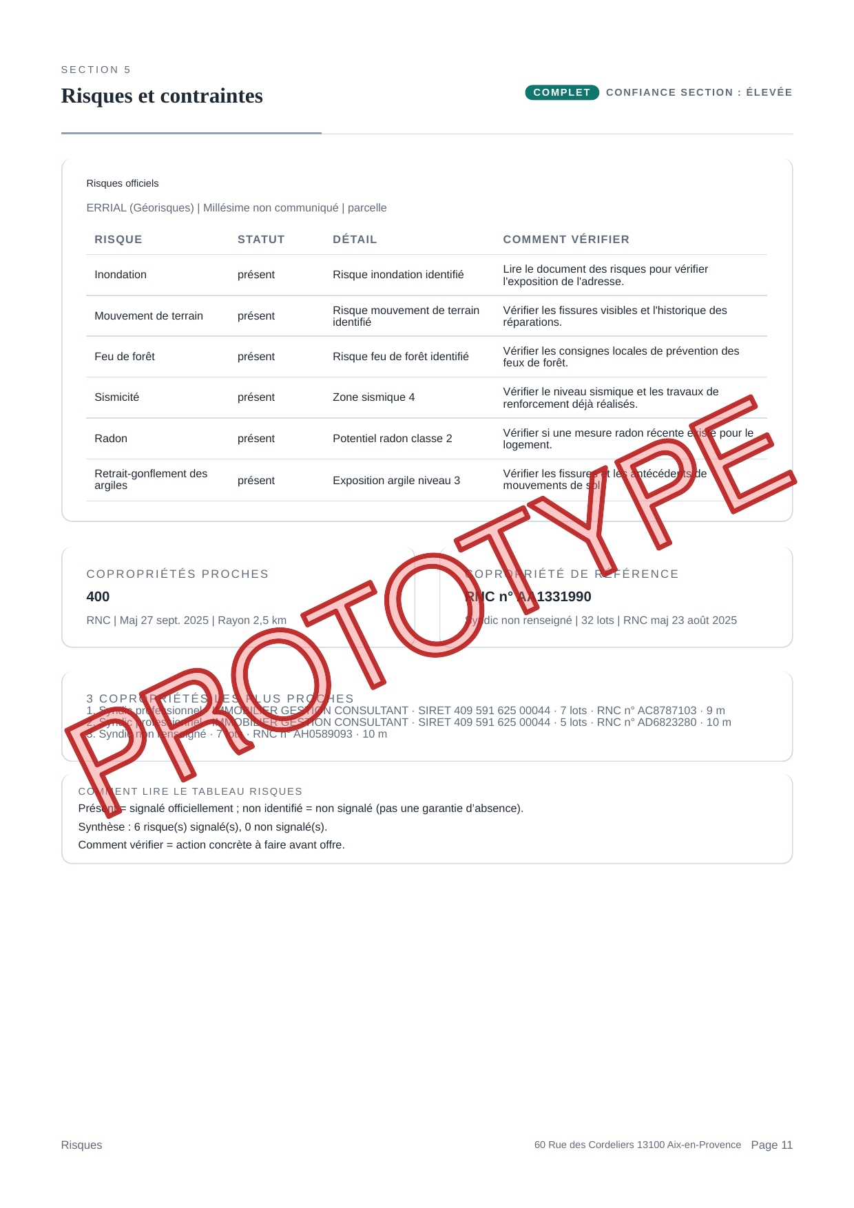 Capture du rapport PDF montrant la section risques